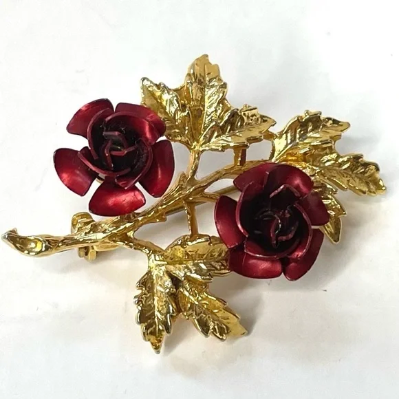 Red Roses Gold Tone Branch Brooch - Picture 3 of 7